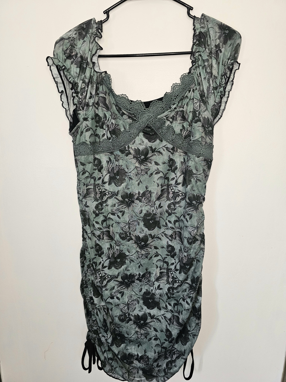 ROMWE Butterfly Floral Mesh Ruched Mini Dress Sage Green Size Large Fairy Grunge
